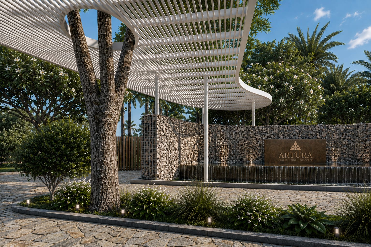 Artura estate entrance with sculptural white pergola, gabion stone walls and tropical planting