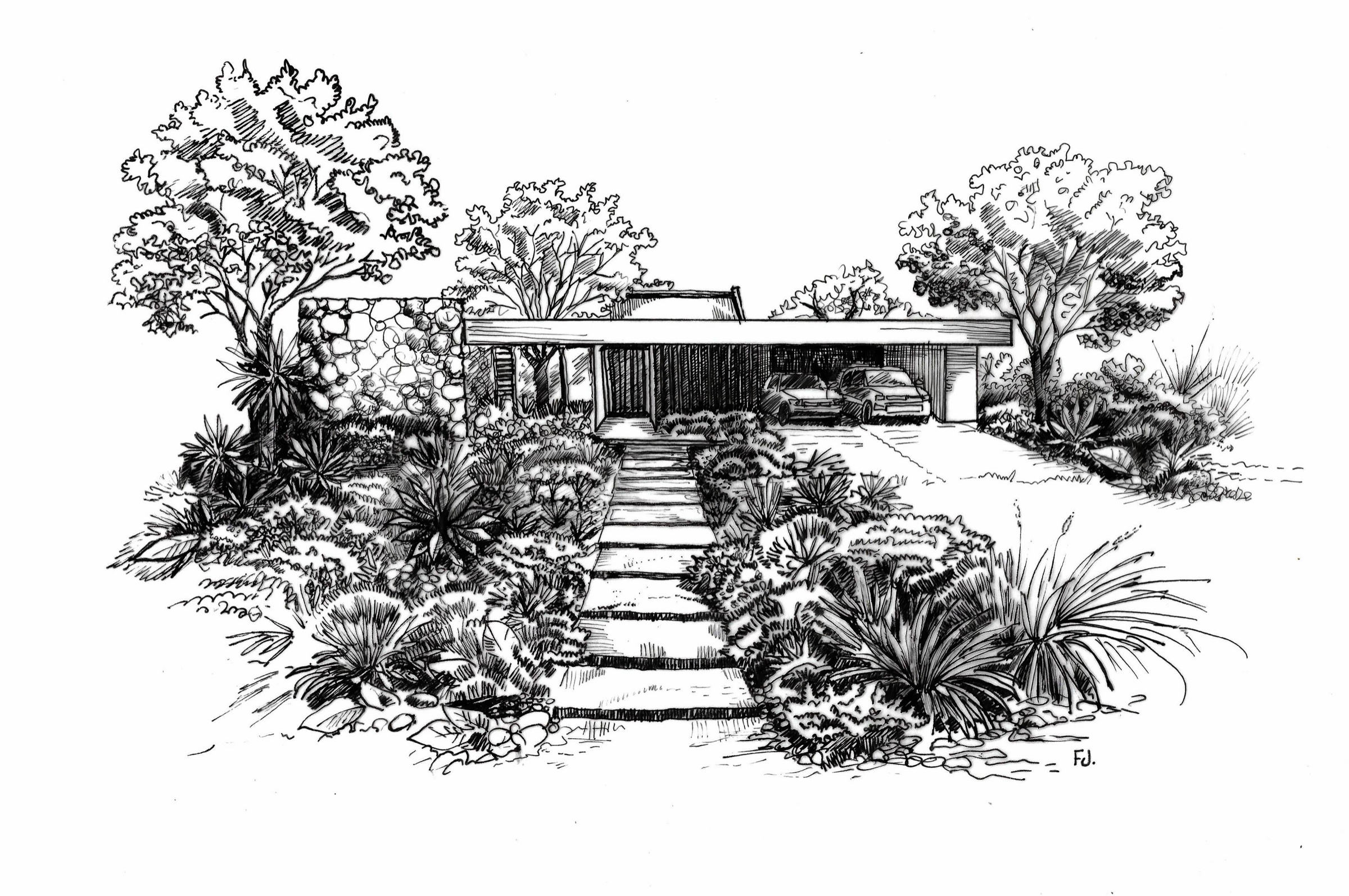 Hand sketch study of the villa typologies within the landscape