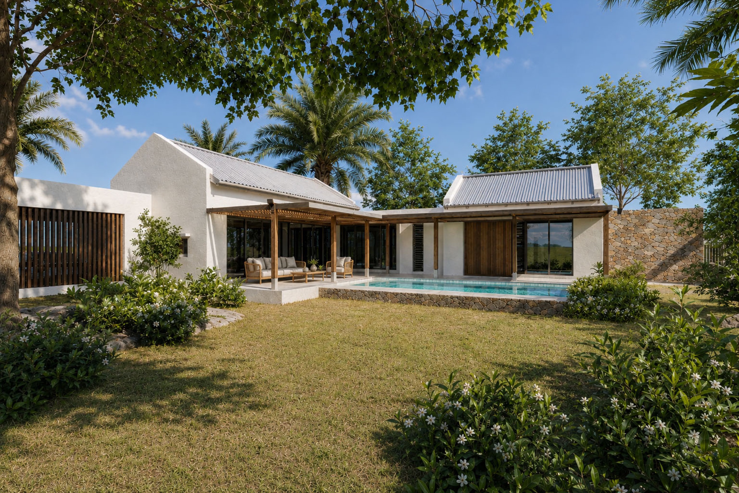 Villa G seen across the garden and swimming pool