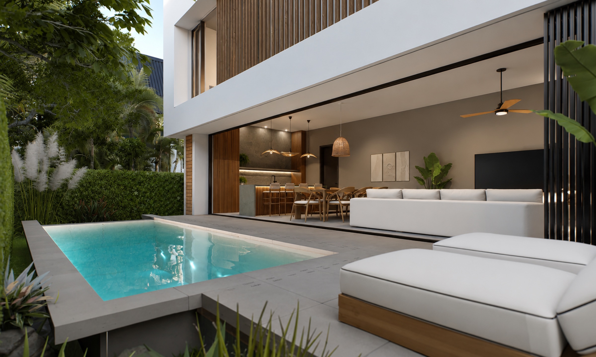 Villa J exterior with pitched roofs and covered terrace