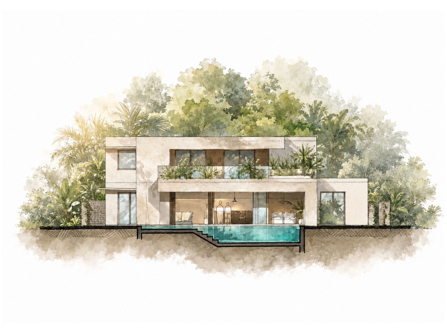 Concept sketch of the garden and pool elevation of the residence