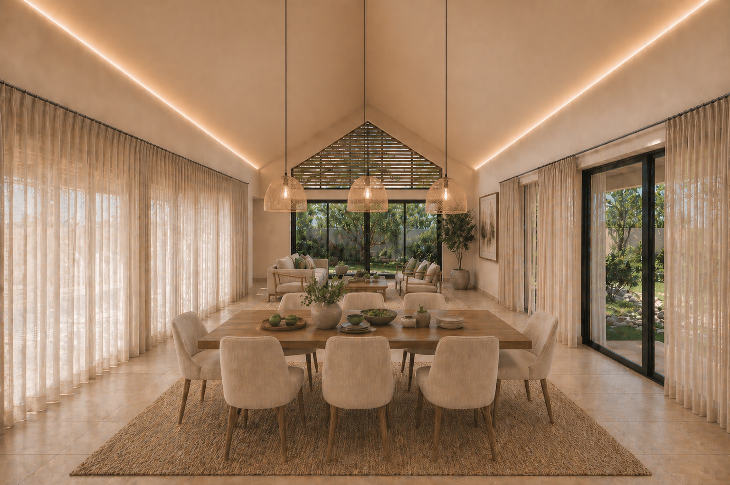 Dining and living space opening towards the vegetation